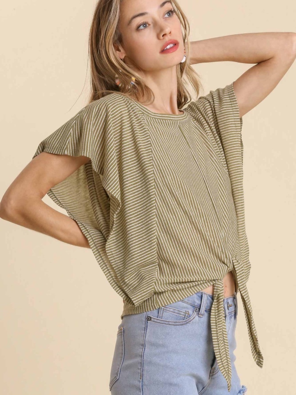 Umgee Batwing Striped Jersey Top with Front Tie NWT